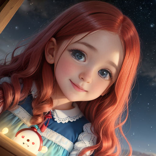 a girl with red hair and blue eyes looking out a window at the night sky with stars and a snowman