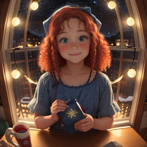 a little girl holding a book and a cup of coffee in front of a window with lights on it