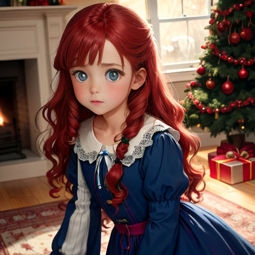 a red haired girl sitting in front of a christmas tree with a fireplace in the background and a christmas tree in the foreground