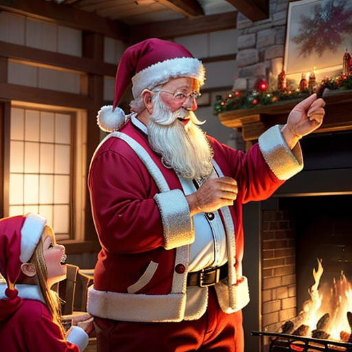 a man dressed as santa claus pointing at a fire place with a girl watching him and a man in a santa suit