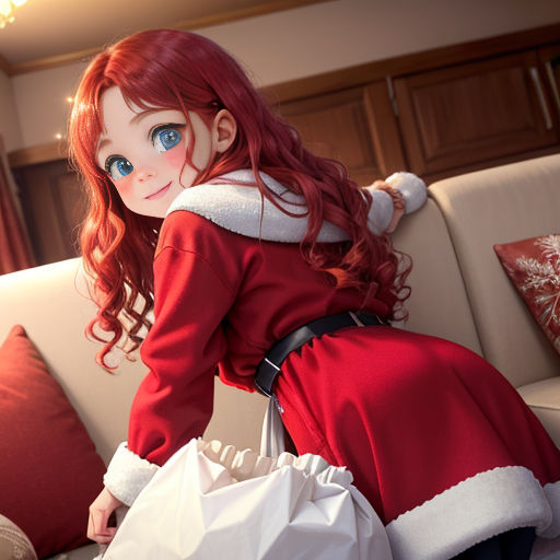 a doll sitting on a couch with a bag of presents in her hand and a christmas hat on her head
