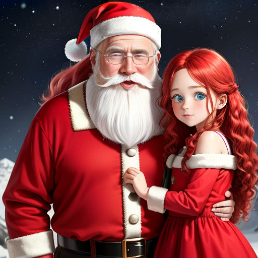 a painting of a santa claus and a little girl in red dress standing next to each other in front of a snowy mountain