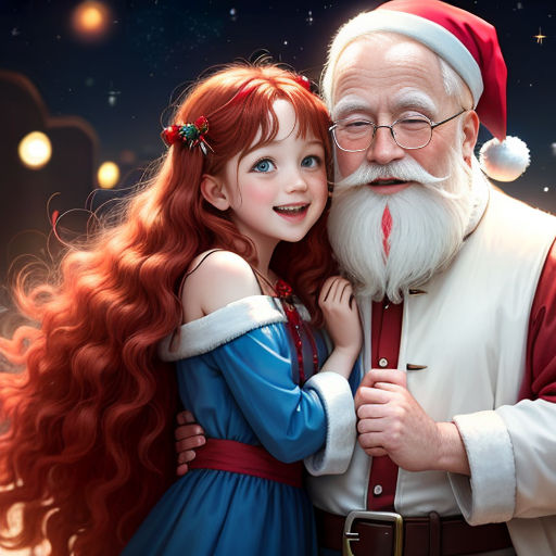 a painting of a girl hugging a man with long red hair and a santa clause hat on, with a christmas background