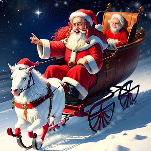 a santa claus riding in a sleigh with a white horse and a white dog in the snow