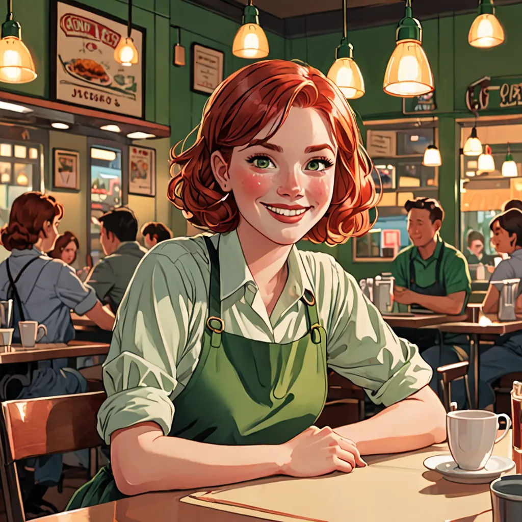 a woman sitting at a table in a restaurant with a cup of coffee in front of her and a man in the background, american scene painting, a comic book panel, F Scott Hess, high detail illustration