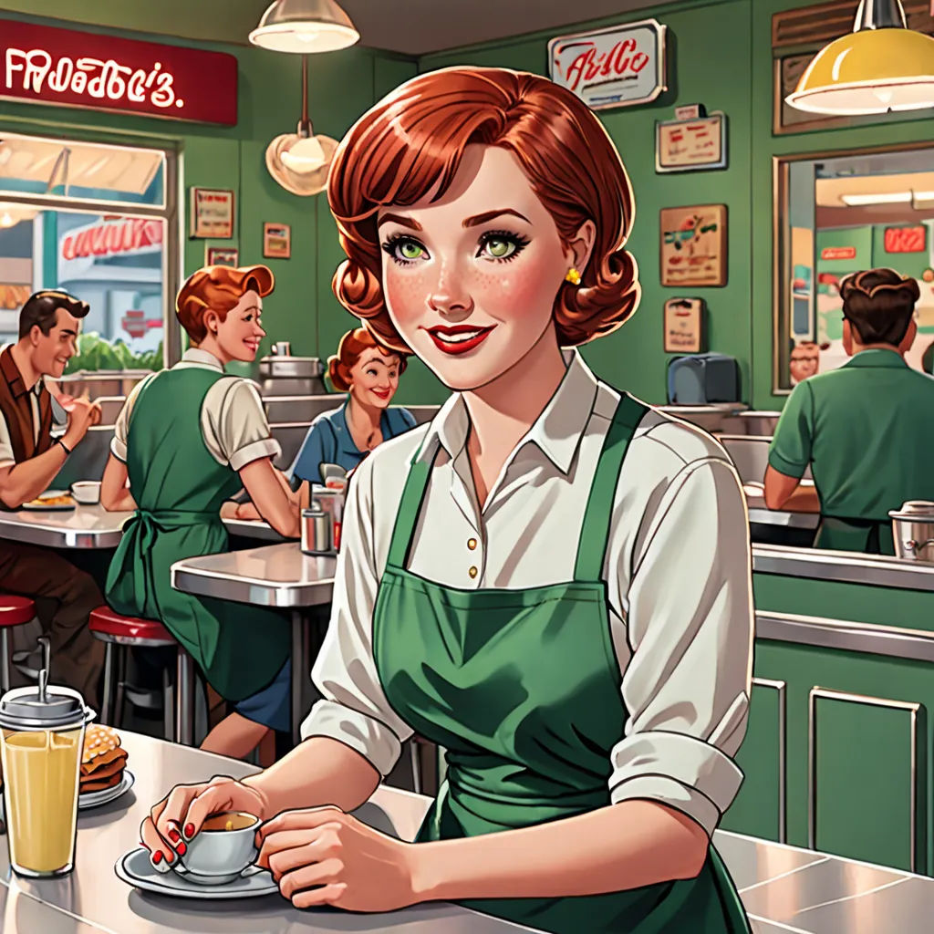 a woman in a green apron is serving food at a diner counter with a cup of coffee in front of her, american scene painting, a storybook illustration, Edwin Georgi, game art