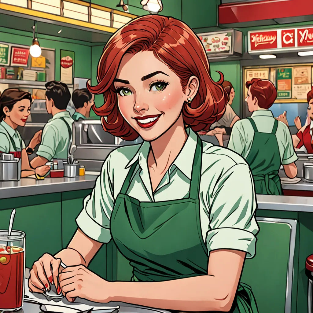 a woman in a restaurant with a plate of food in front of her and a man behind her in the background, american realism, a comic book panel, Dorothy Coke, comic cover art