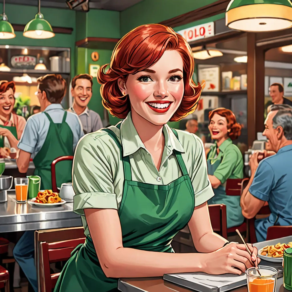 a woman sitting at a table with a plate of food in front of her and a man in the background, american scene painting, a digital rendering, Edwin Georgi, promotional image