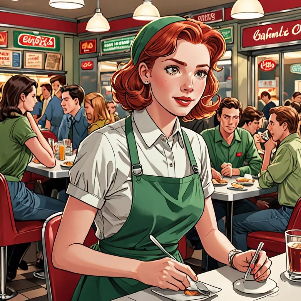 a woman in a restaurant with a plate of food in front of her and a man in the background, american realism, a comic book panel, Alton Tobey, kinkade