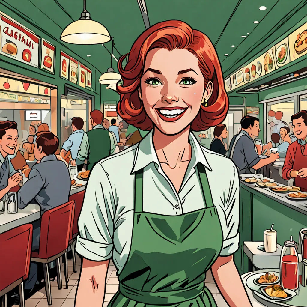 a woman in a restaurant with a plate of food in front of her and a man in the background, american realism, a comic book panel, Al Feldstein, comic cover art