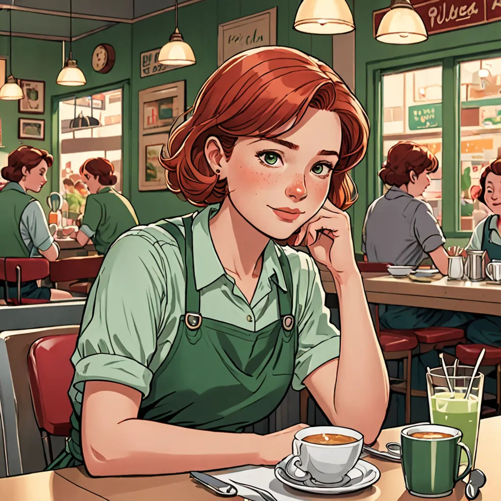a woman sitting at a table with a cup of coffee in front of her and a woman sitting at a table with a cup of coffee in front of her, american scene painting, a character portrait, Constance Gordon-Cumming, kinkade