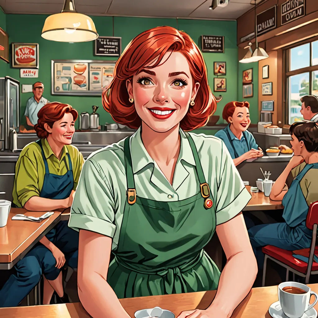 a woman sitting at a table with a plate of food in front of her and a man standing behind her, american scene painting, a comic book panel, Al Feldstein, comic cover art
