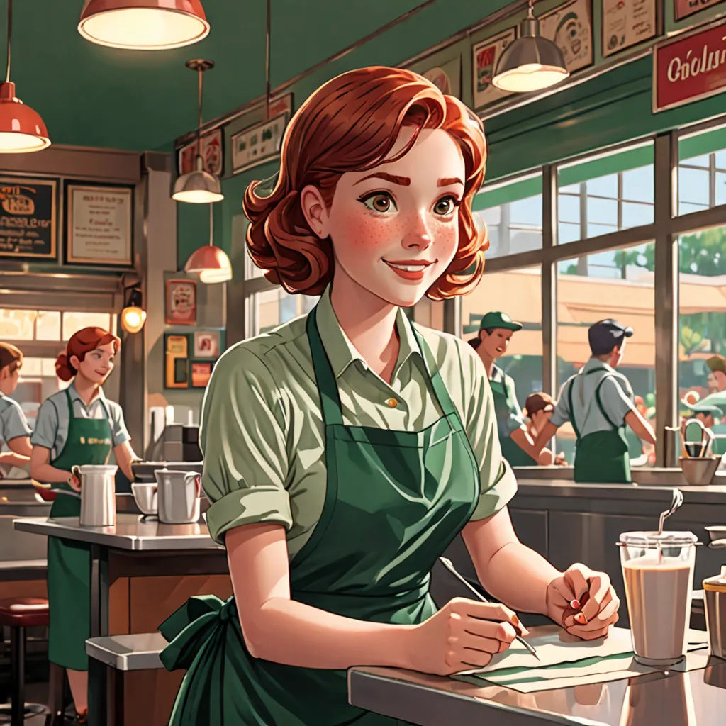 a woman in a green apron writing on a piece of paper in a restaurant with a waitress in the background, american scene painting, a comic book panel, Dorothy Coke, kinkade