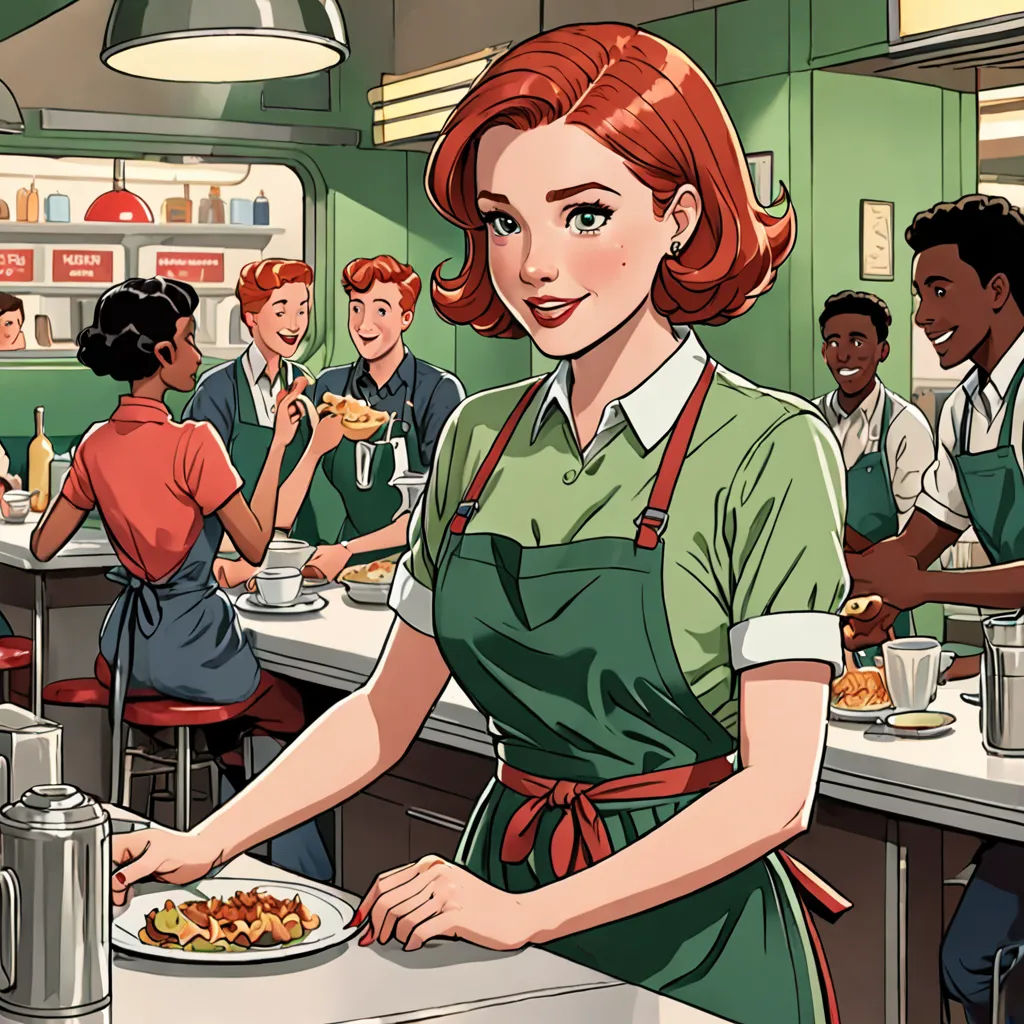 a woman in a green apron is serving food to a group of people in a diner, with a man in the background, american realism, a comic book panel, Alton Tobey, comic cover art