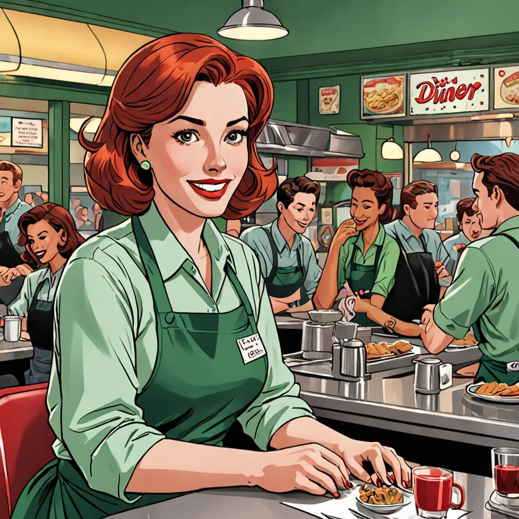 a woman in a restaurant with a plate of food in front of her and a group of people behind her, american realism, a comic book panel, Alton Tobey, comic cover art