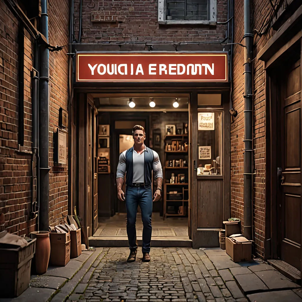 a man walking down a brick street past a store front with a sign that reads youqija erdin, lyco art, an album cover, Constantine Andreou, promotional image