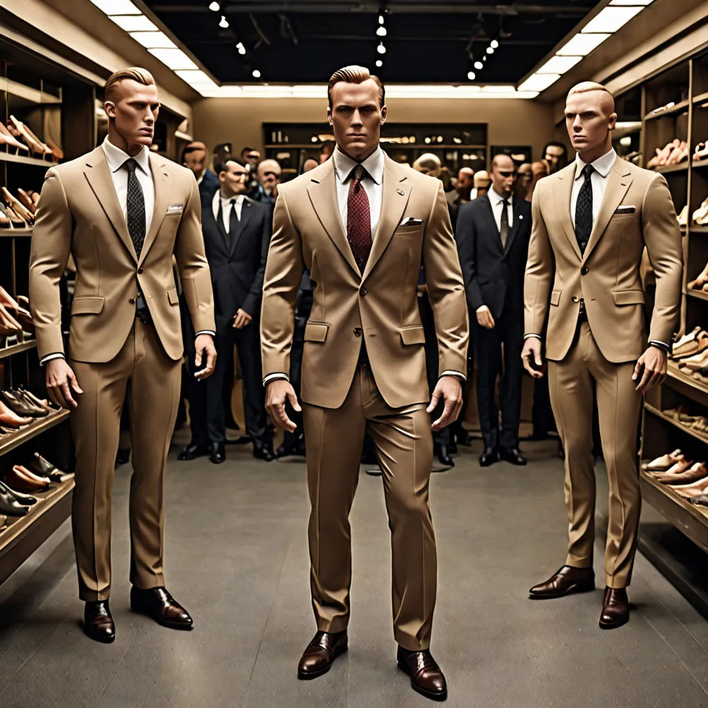 a group of men in suits standing in a store filled with shoes and suits on shelves with rows of shoes, fantastic realism, a bronze sculpture, Christian Hilfgott Brand, brown