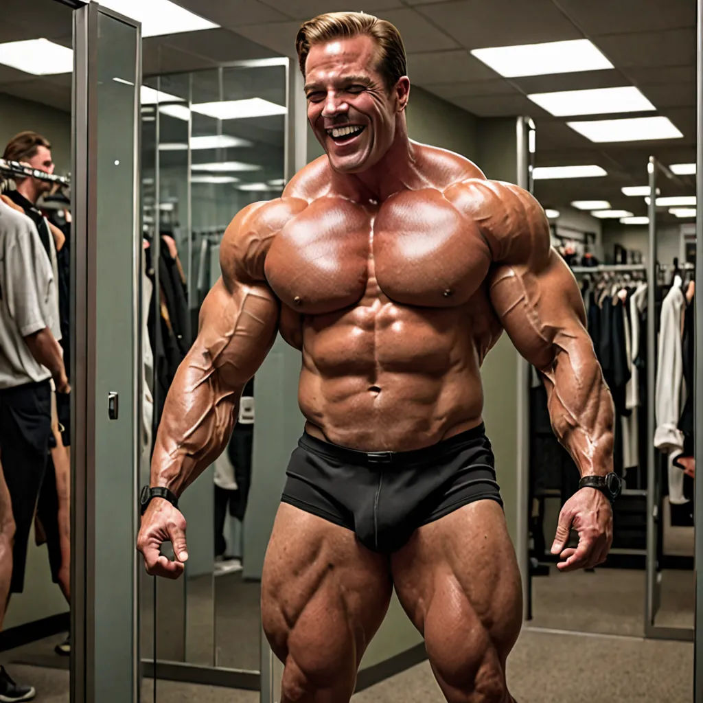 a man with a muscular body standing in front of a mirror in a dressing room with other men in the background, precisionism, a character portrait, Anthony Palumbo, muscular