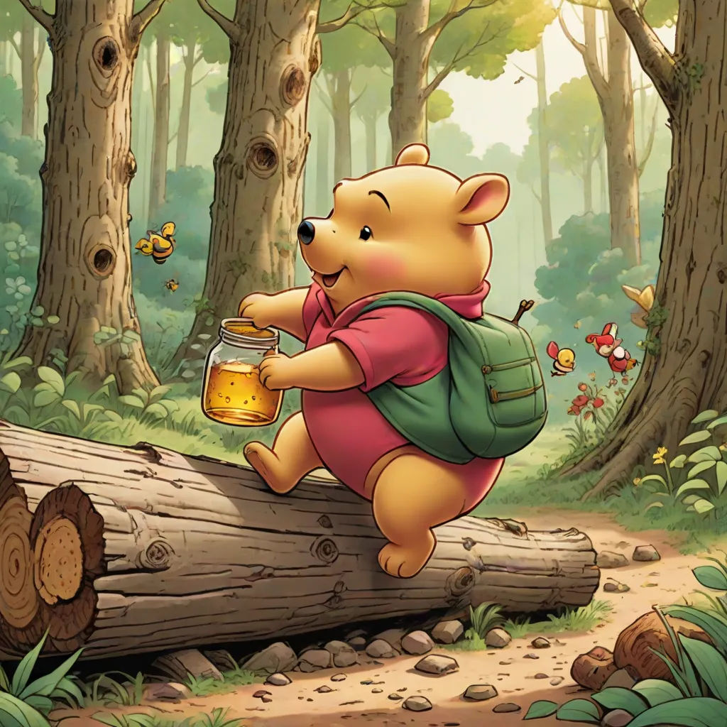 a cartoon winnie the pooh bear holding a jar of honey on a log in the woods with a forest background, furry art, a storybook illustration, Brom, official art