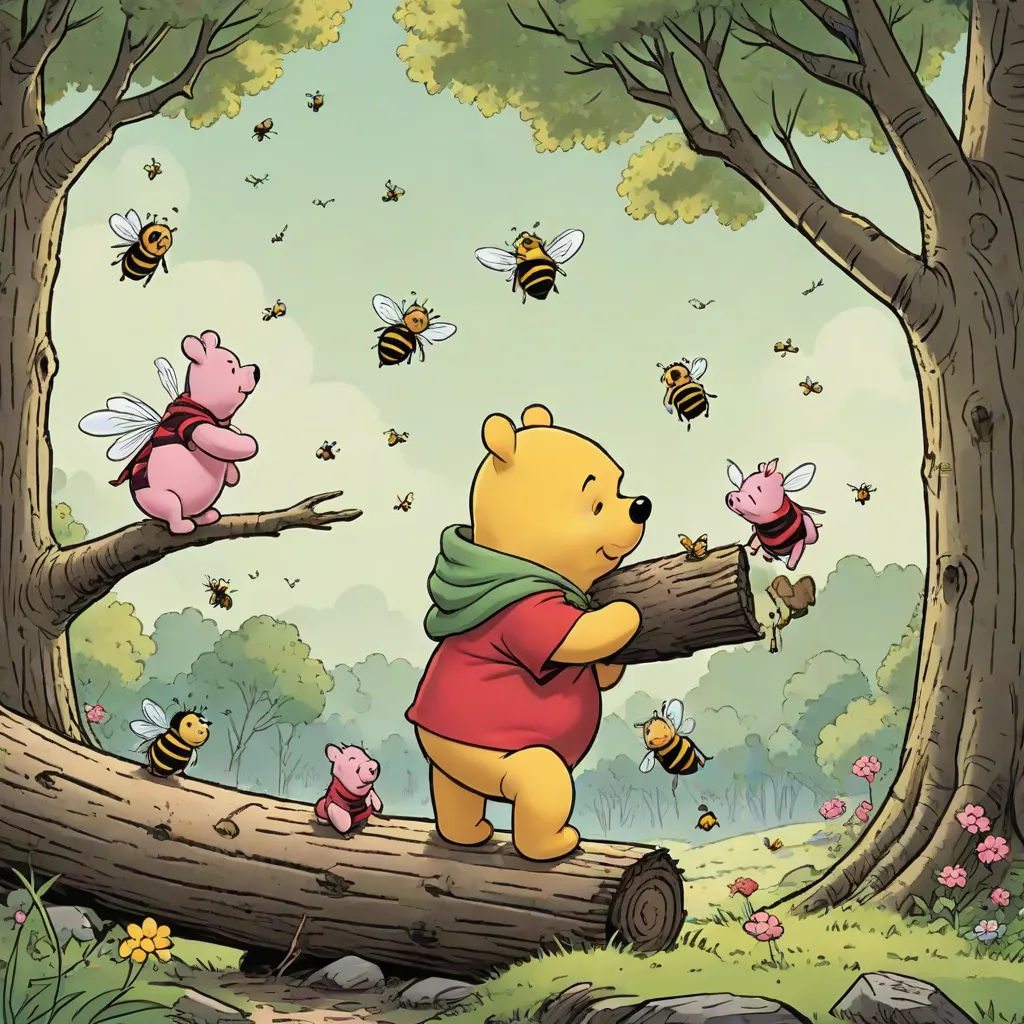 a winnie the pooh bear holding a log in a forest with bees flying around it and a pig on the log, furry art, a storybook illustration, Carl Barks, official art