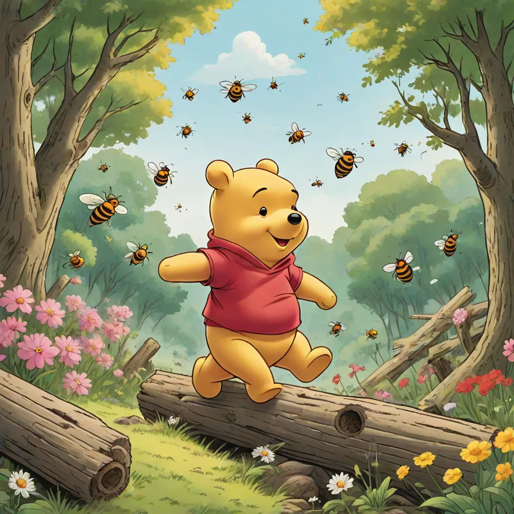 a winnie the pooh character is jumping over a log in a forest with bees flying around him and a forest scene with flowers and trees, pop surrealism, a storybook illustration, disney, official art