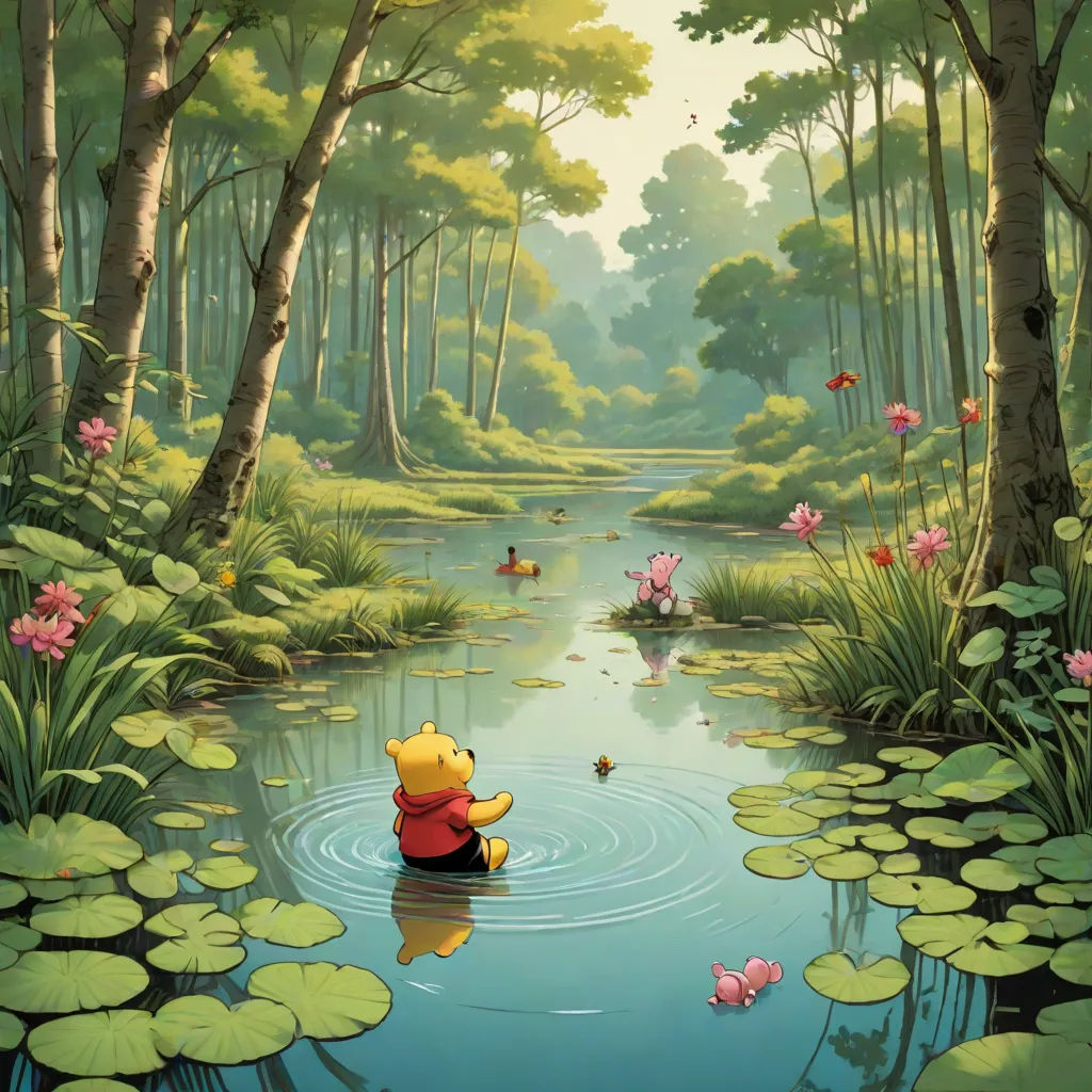 a painting of a winnie the pooh sitting in a pond surrounded by lily pads and trees with a butterfly flying overhead, environmental art, a storybook illustration, Chris LaBrooy, official art