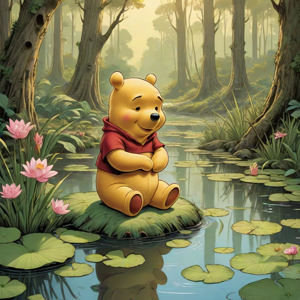 a cartoon winnie the pooh sitting on a lily pad in a forest with lily pads and water lilies, cloisonnism, a storybook illustration, disney, tranquil