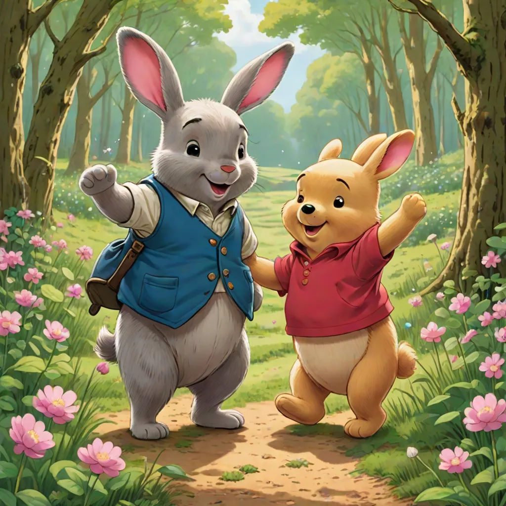 a cartoon of a rabbit and a rabbit in a forest with flowers and trees, one of the characters is pointing at the other rabbit, furry art, a storybook illustration, Beatrix Potter, official art