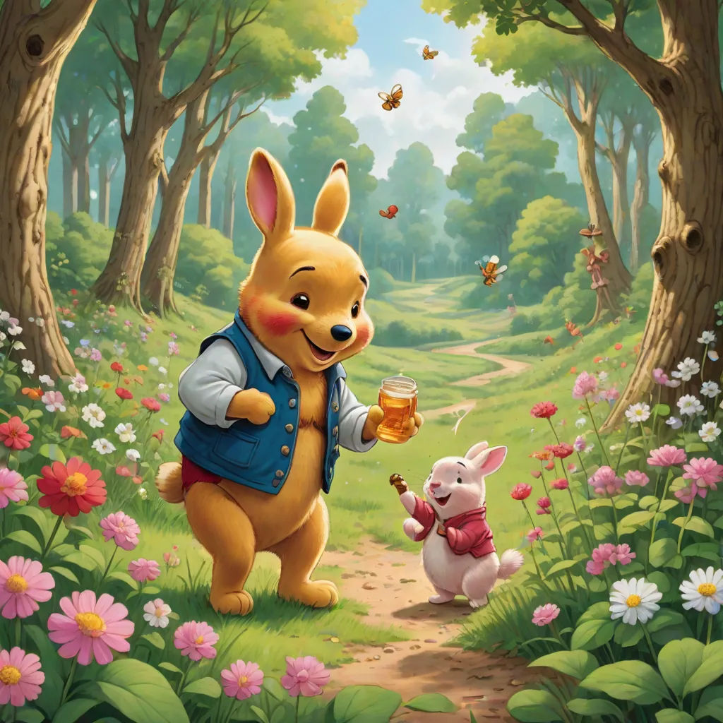 a cartoon character holding a mug in a forest with a bunny and a pig in the foreground and a honeybee on the ground, furry art, a storybook illustration, Beatrix Potter, official art