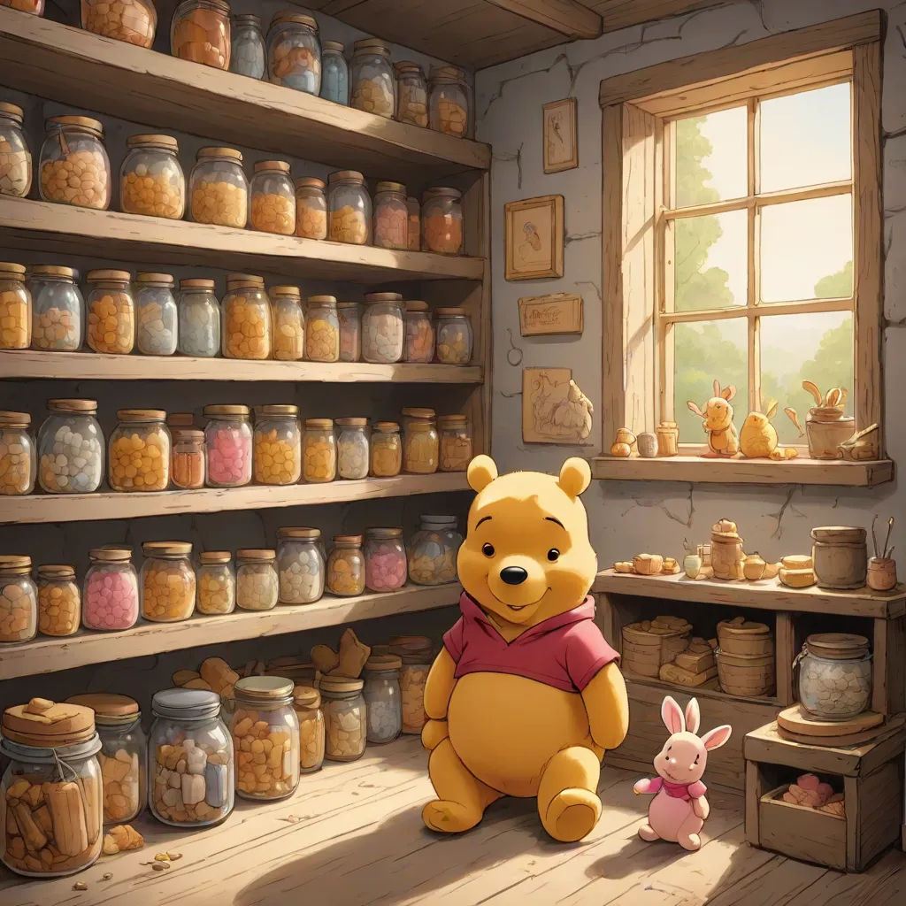 a winnie the pooh character sitting in front of a shelf full of jars and jars with a bunny, furry art, a storybook illustration, Chris LaBrooy, cgstudio