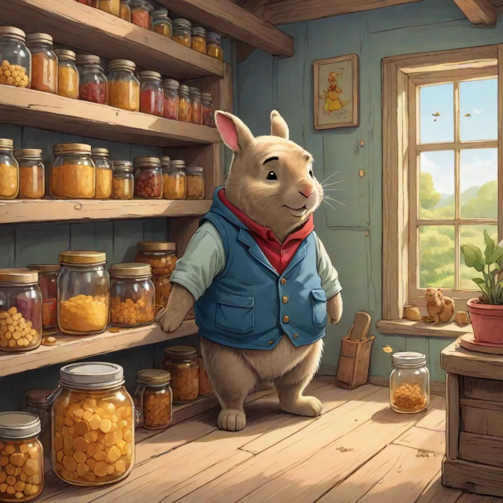 a cartoon character standing in a room with jars of honey and a potted plant in the corner of the room, furry art, a storybook illustration, Beatrix Potter, official art