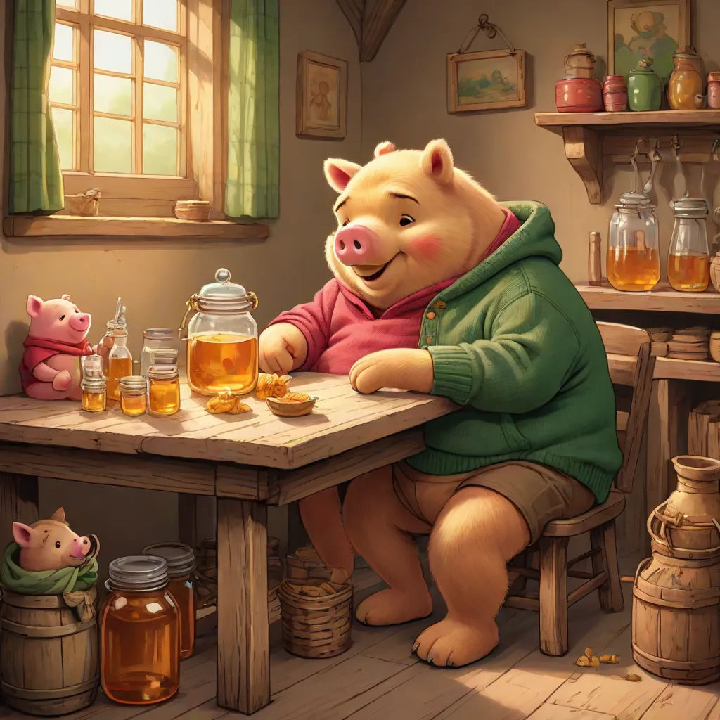 a pig sitting at a table with a pig in front of him and a pig in the background with honey jars, fantasy art, a storybook illustration, Brom, storybook illustration
