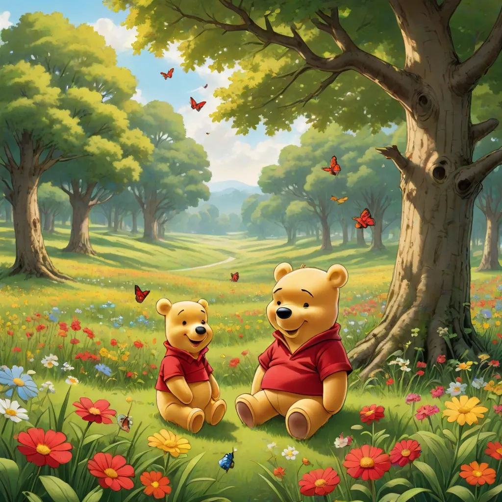 two teddy bears sitting in the grass near a tree and flowers with butterflies flying around them and a butterfly flying above them, synthetism, a storybook illustration, Brothers Hildebrandt, storybook illustration