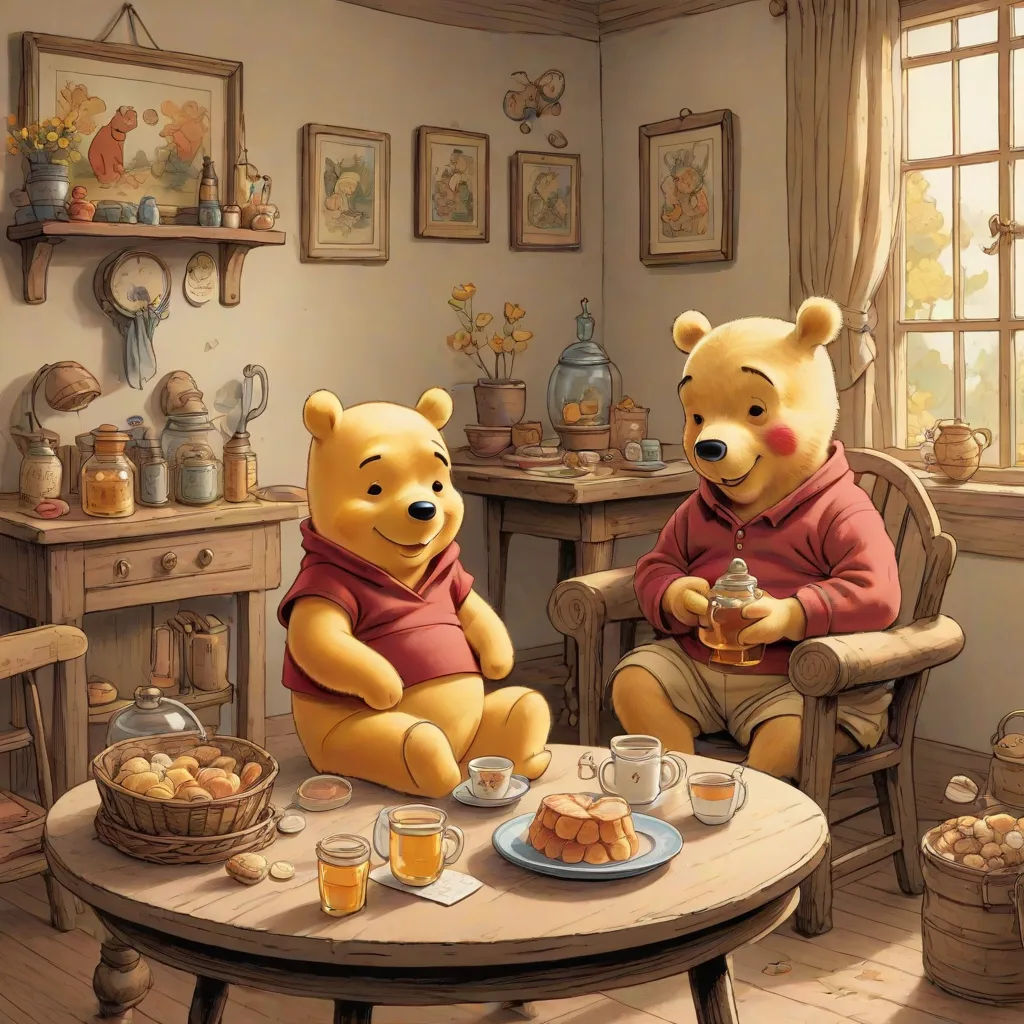 a couple of winnie the pooh bears sitting in chairs in a room with food on the table and a basket of cookies, furry art, a storybook illustration, Brothers Hildebrandt, cgstudio