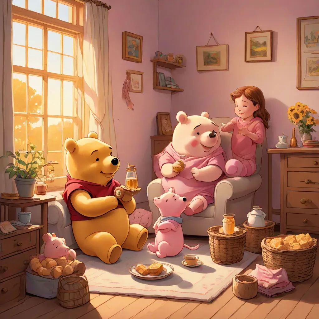 a woman sitting in a chair with a teddy bear and pig in a room with other items on the floor, magic realism, a storybook illustration, Beatrix Potter, storybook illustration