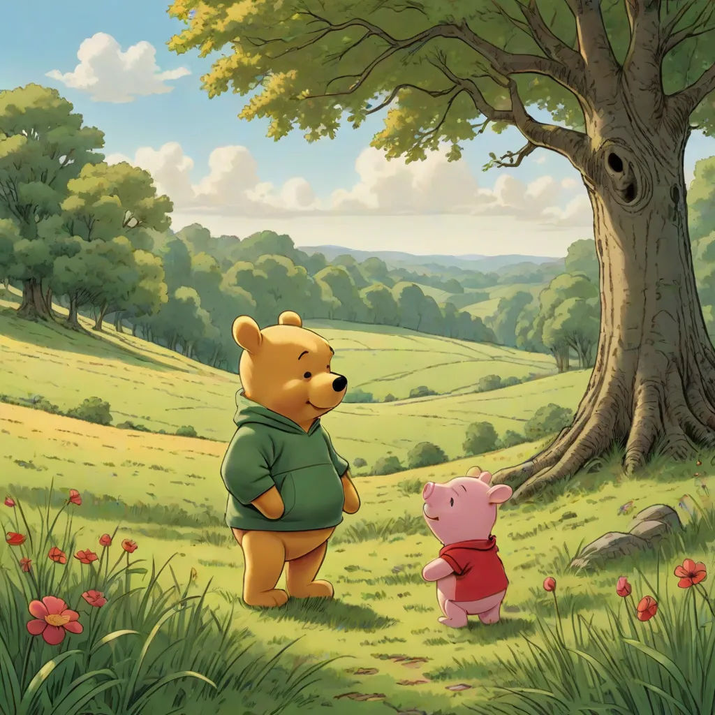 a cartoon winnie the pooh and piglet standing in a field with a tree in the background and a pink pig in the foreground, synthetism, a storybook illustration, Elsa Beskow, official art
