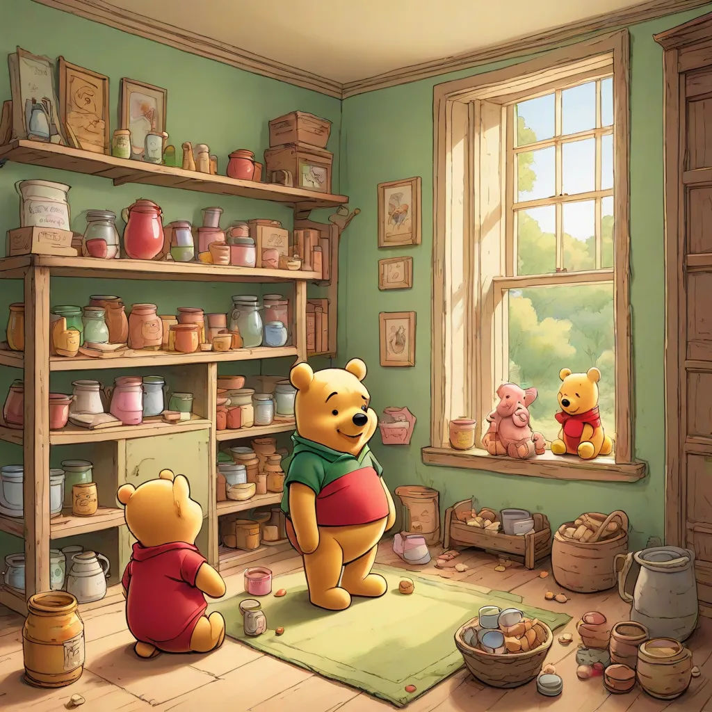 a cartoon of winnie the pooh and her friends in a tea shop with a teddy bear on the floor, figurativism, a storybook illustration, Beatrix Potter, storybook illustration