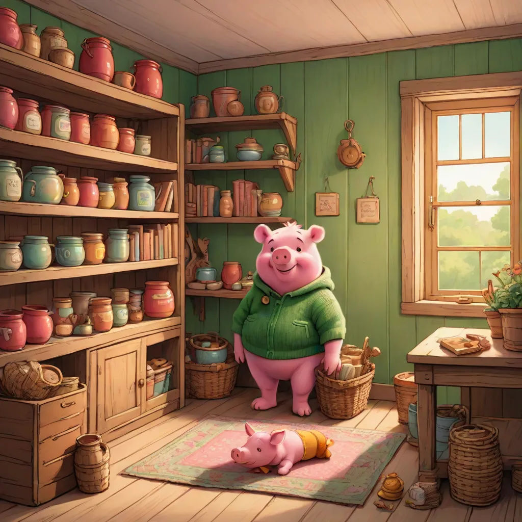 a pig in a green sweater standing in a room with a pink rug and a pink rug on the floor, sots art, a storybook illustration, Beatrix Potter, storybook illustration