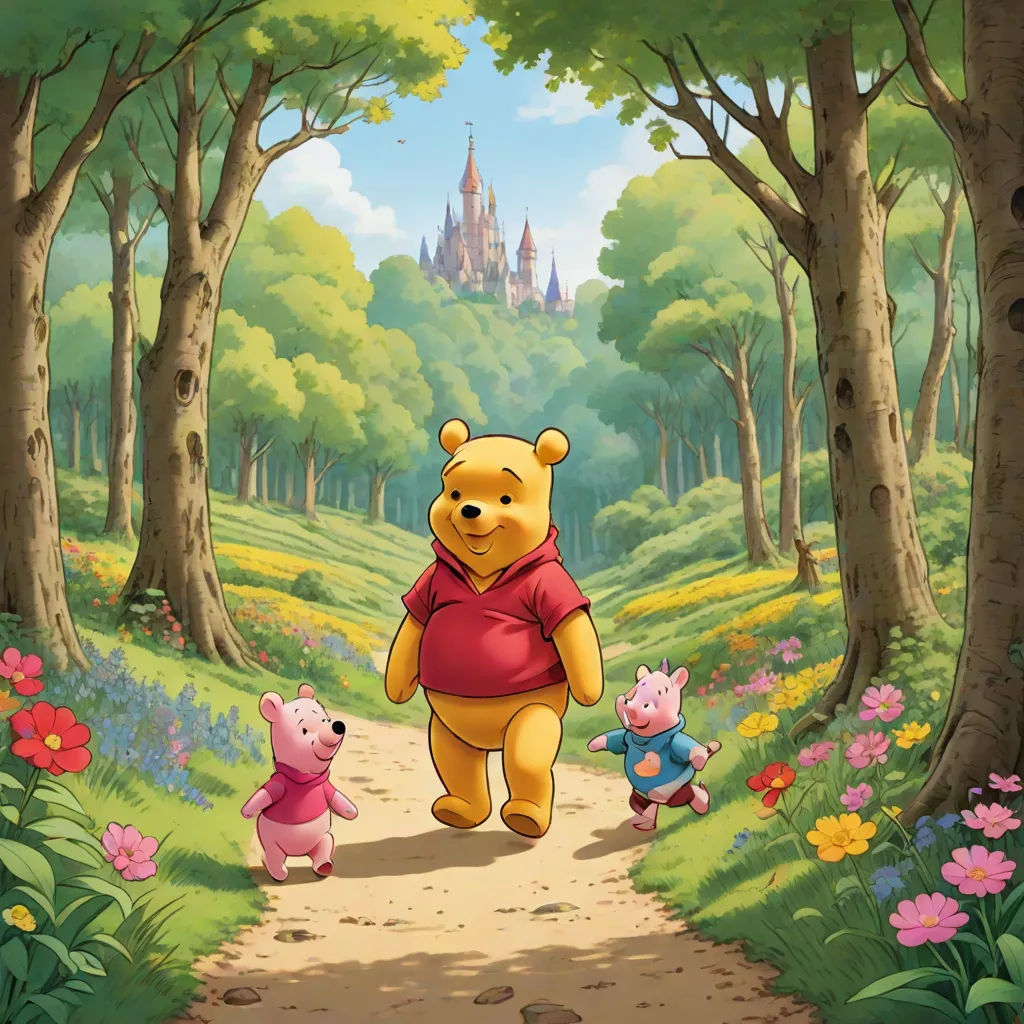 a cartoon winnie the pooh and piggy walk through a forest with a castle in the background and flowers, synthetism, a storybook illustration, disney, promotional image