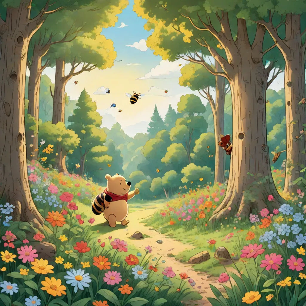 a cartoon winnie the pooh bear in a forest with flowers and bees flying around it and a honeybee on the ground, fantasy art, a storybook illustration, Chris LaBrooy, official art
