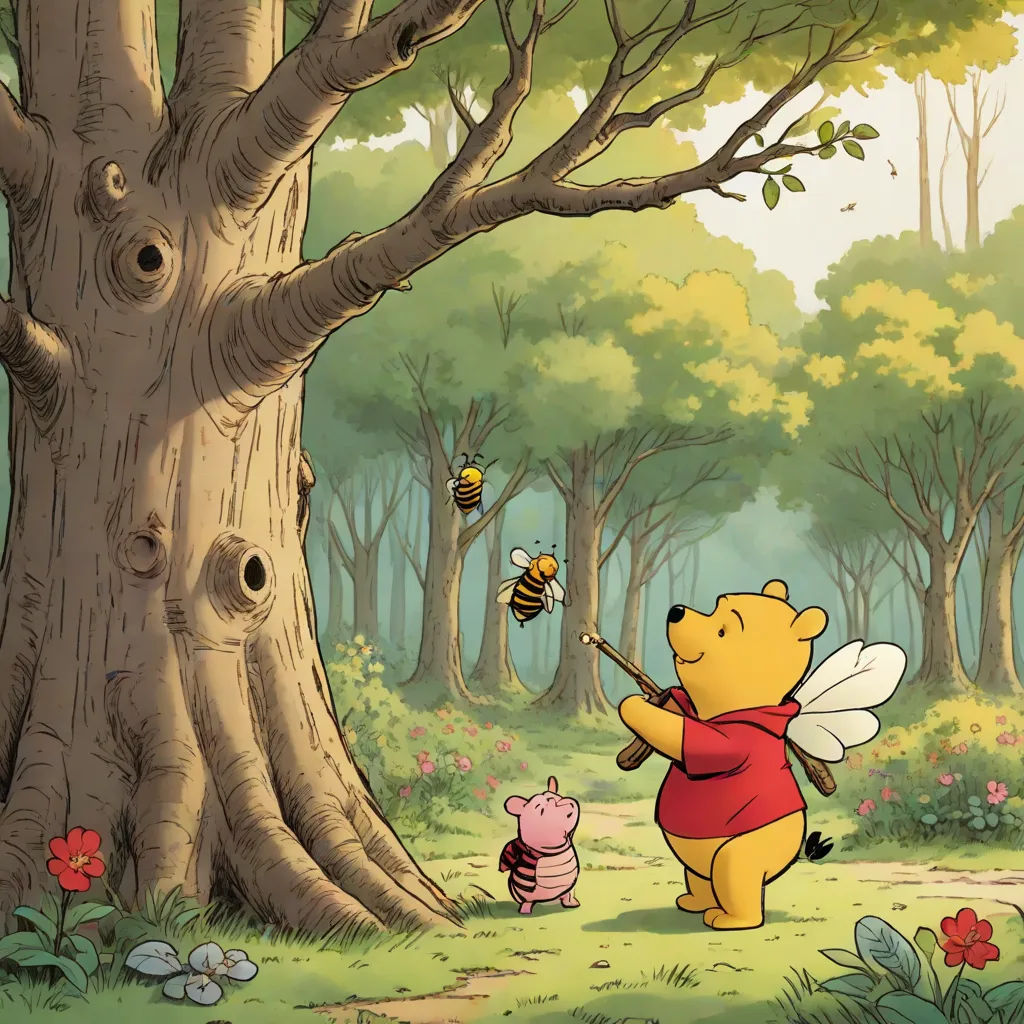 a winnie the pooh cartoon with a honeybee and pig in the woods with a tree and a honeybee, magical realism, a storybook illustration, Elsa Beskow, storybook illustration