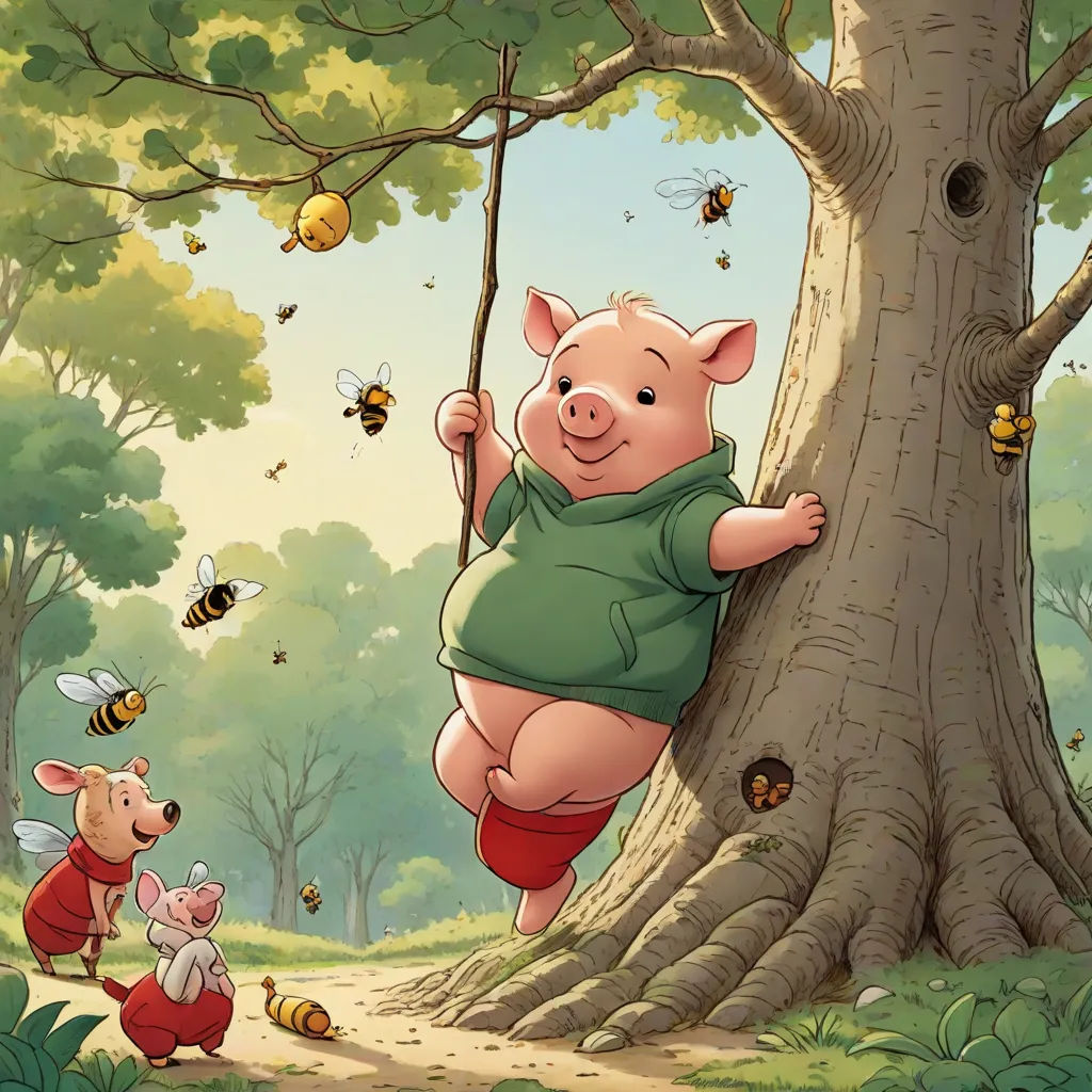 a pig climbing a tree with a pig and a piggy on the other side of it and bees flying around, furry art, a storybook illustration, Beatrix Potter, official art