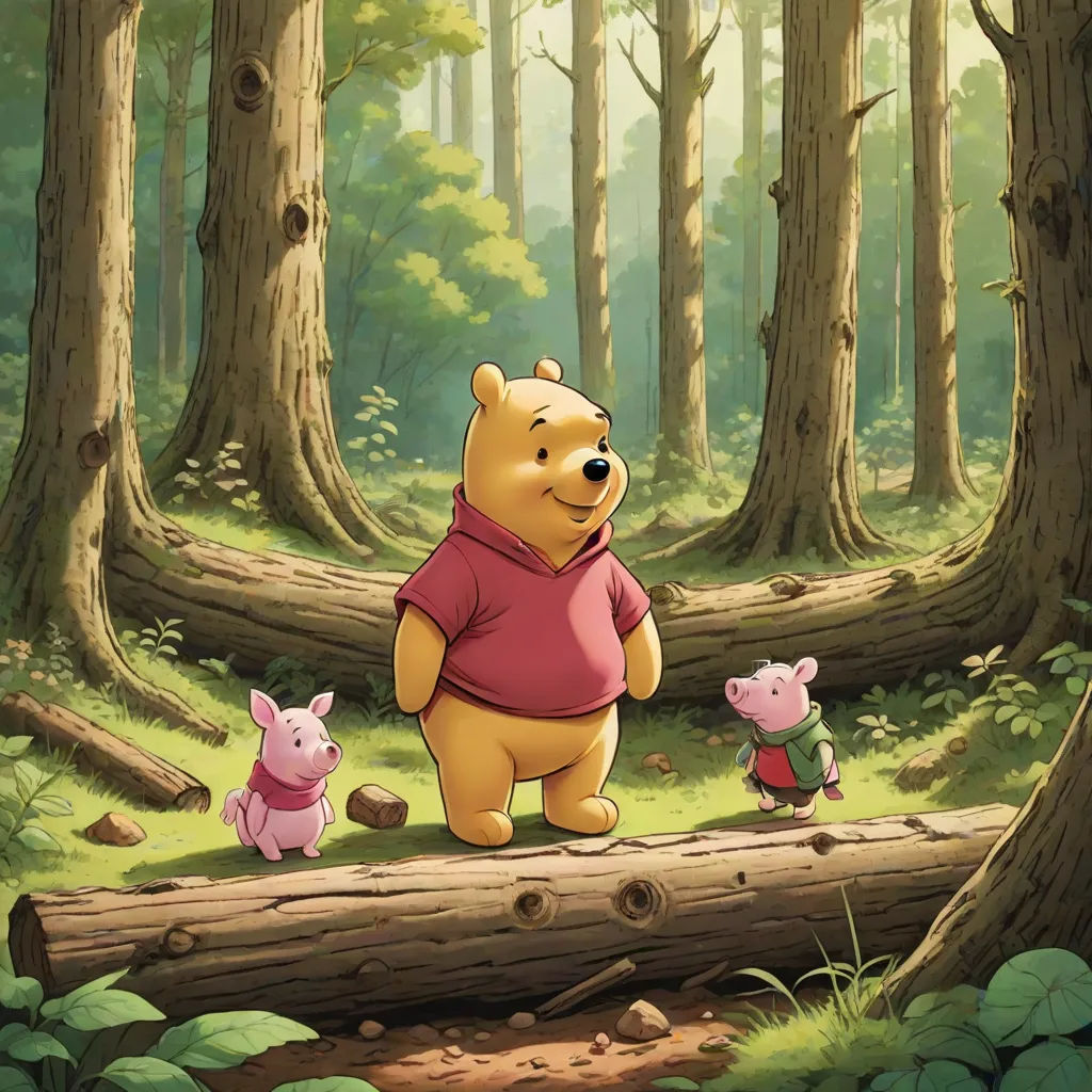 a cartoon winnie the pooh and piglet in the woods with a log and piglet on the ground, primitivism, a storybook illustration, Chris LaBrooy, official art