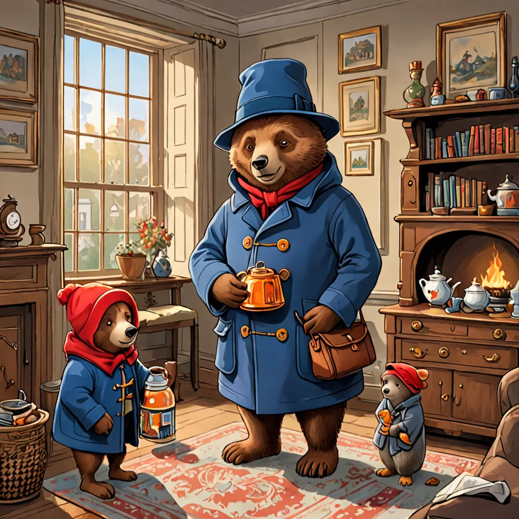 a painting of a bear dressed in a blue coat and red hat and holding a lantern in a living room, Beatrix Potter, furry art, a storybook illustration, official art
