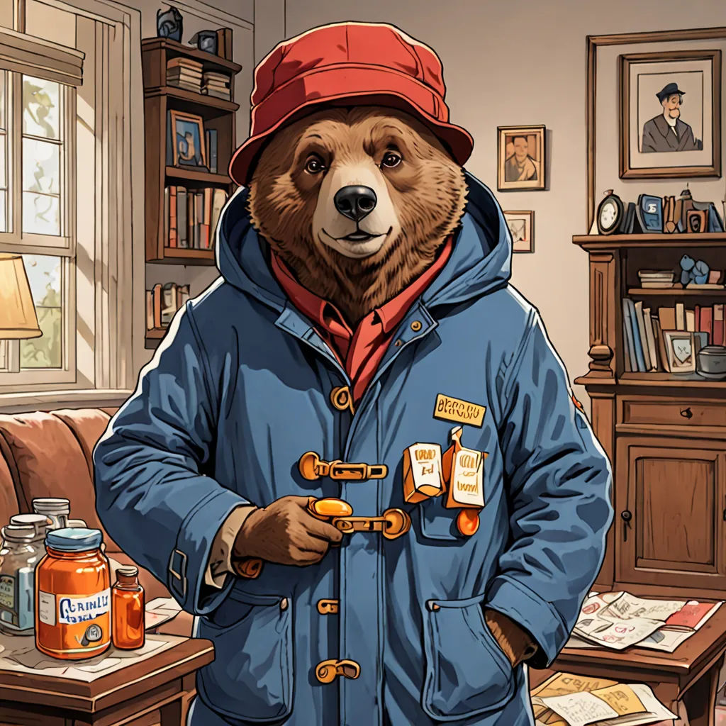 a bear in a blue jacket and a red hat standing in a living room with a table and a lamp, Chris LaBrooy, furry art, a character portrait, official art