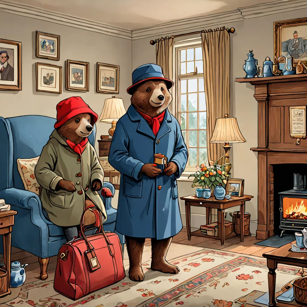 a couple of bears standing in a living room next to a fire place and a couch with a red bag, Colin Middleton, furry art, a storybook illustration, official art