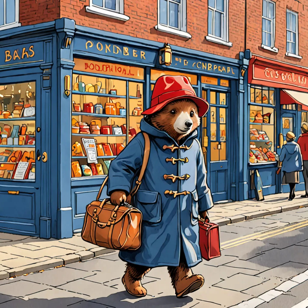 a bear in a blue coat and hat walking down a street in front of a store front with a red hat, Colin Middleton, arts and crafts movement, a storybook illustration, official art