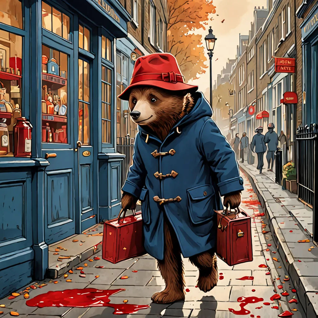 a bear in a coat and hat walking down a street with a bag of luggage in his hand and blood on the ground, Chris LaBrooy, process art, poster art, official art