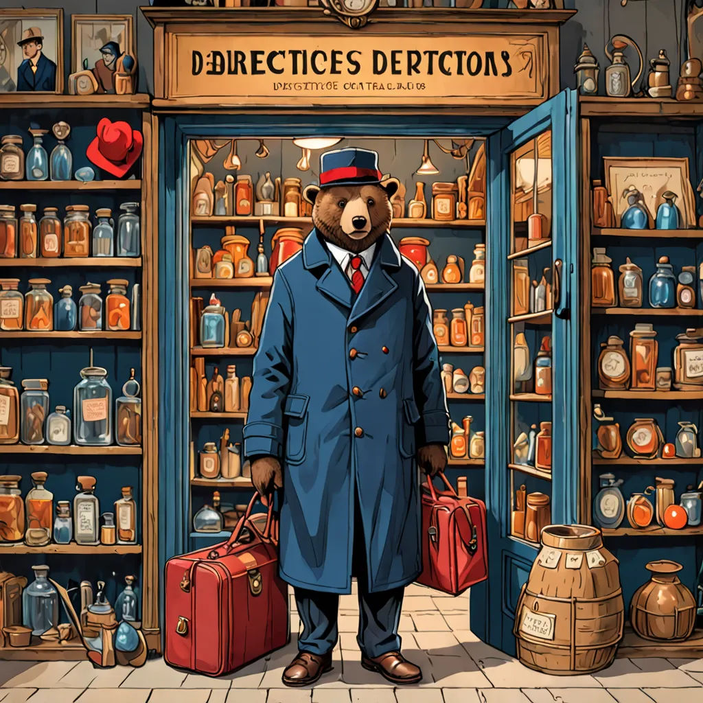 a man in a blue coat and hat standing in front of a store filled with bottles and jars and a bear, Chris LaBrooy, process art, a storybook illustration, promotional image