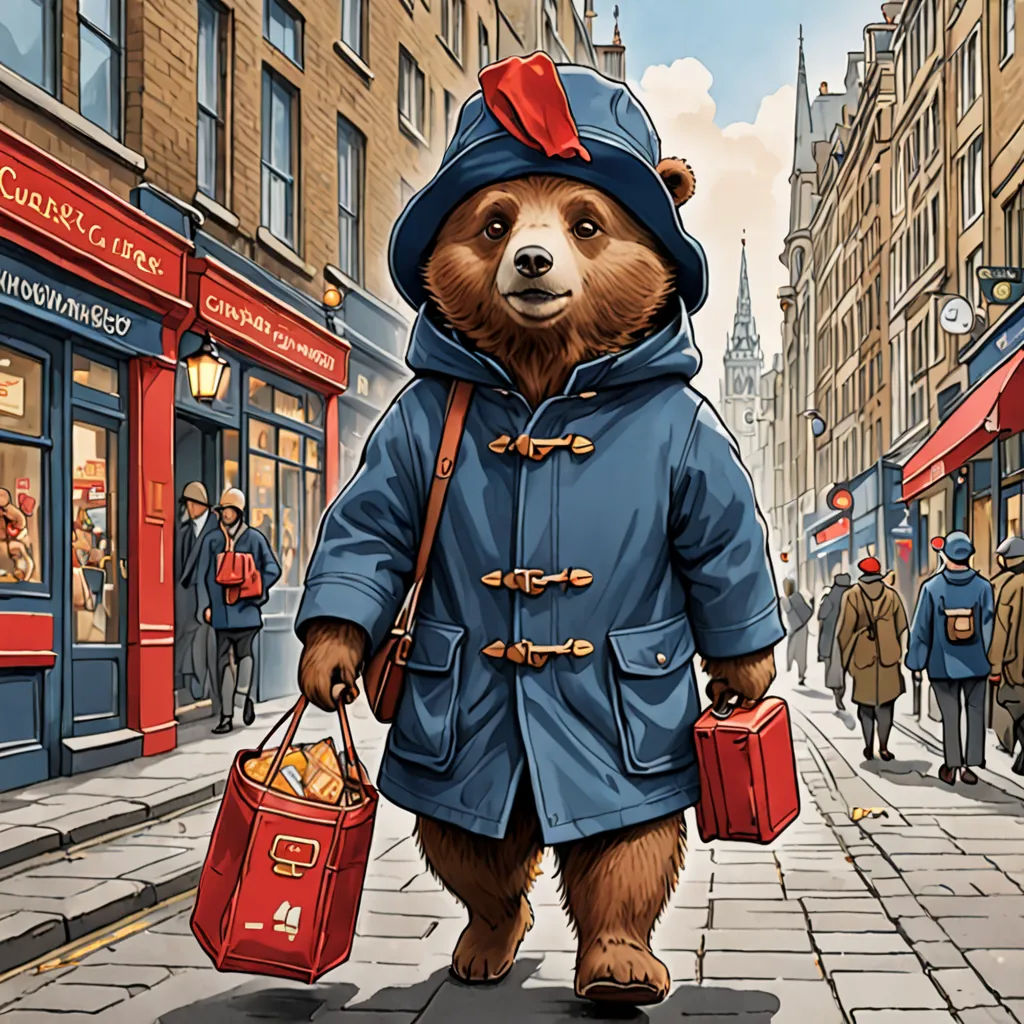 a bear dressed in a blue coat and hat walking down a street with a red bag in his hand, Chris LaBrooy, furry art, a storybook illustration, official art